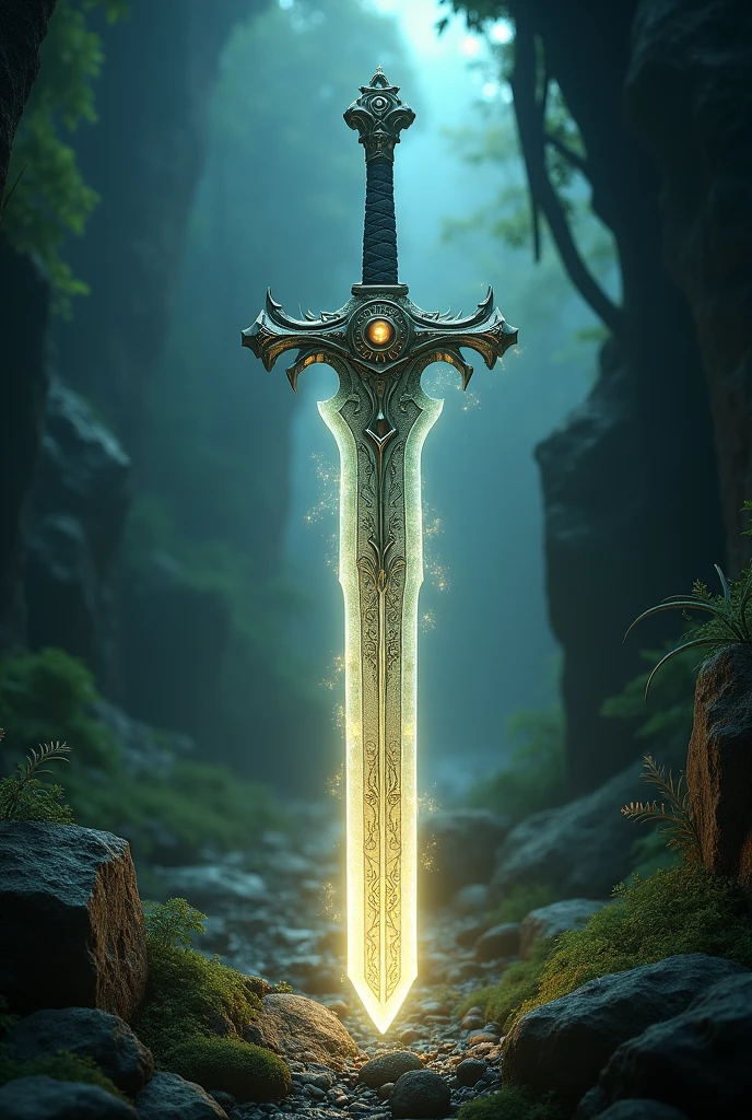 one magical sword in front of a light coming from the back with a nature background in the dark badass