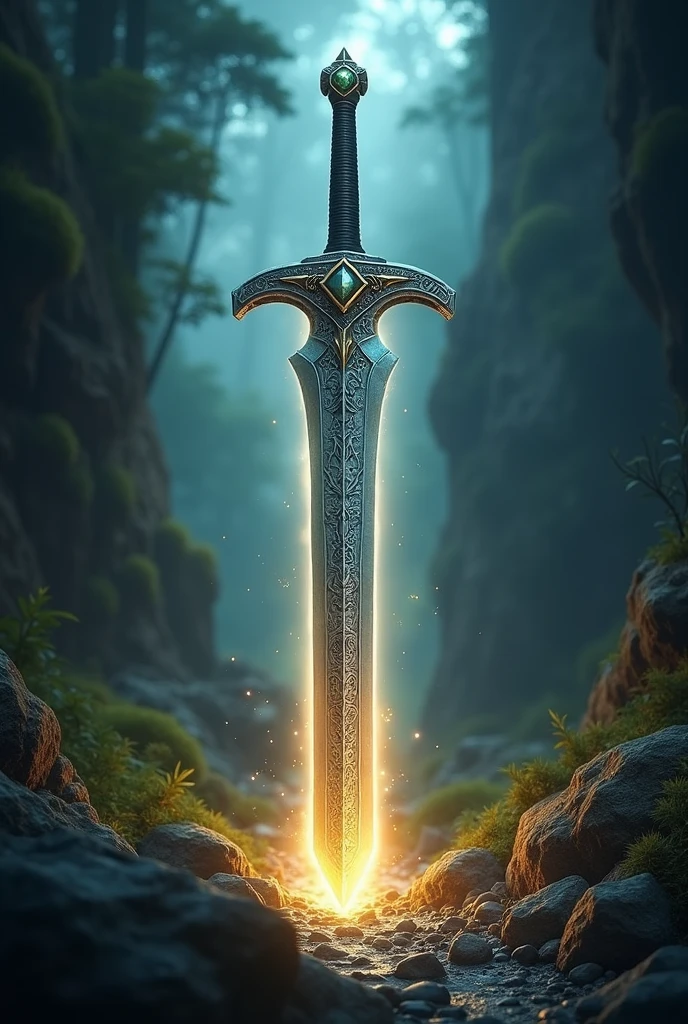 one magical sword in front of a light coming from the back with a nature background in the dark badass