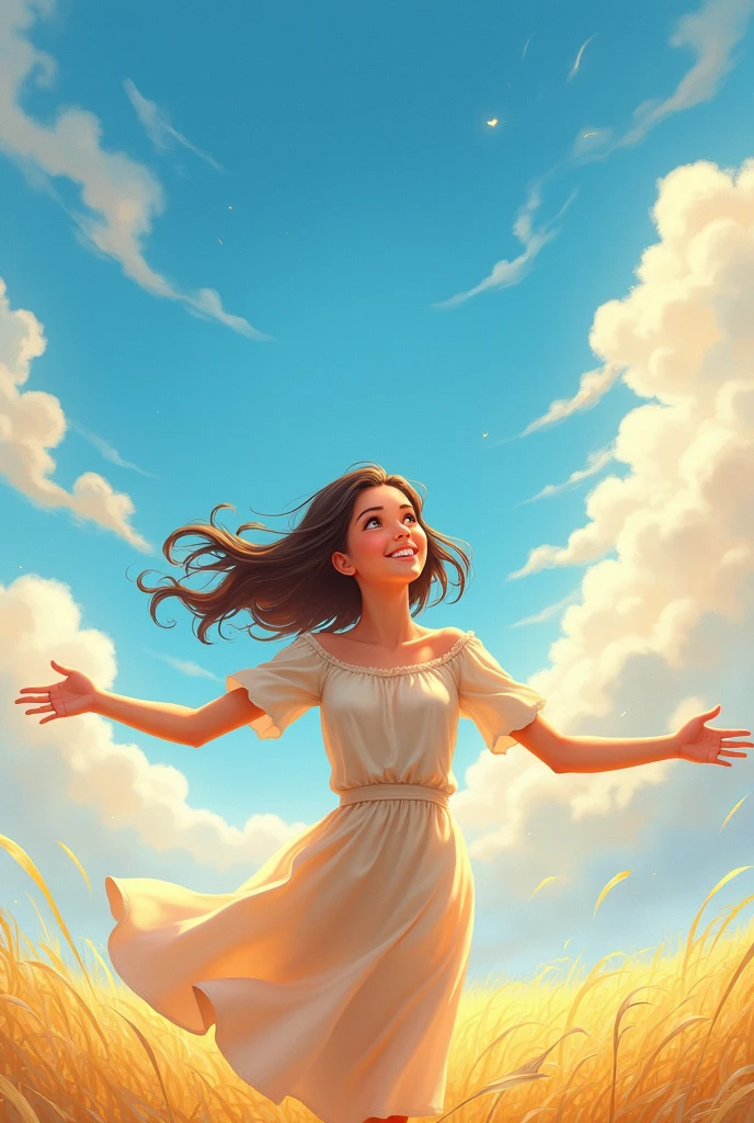 A brunette girl with chocolate brown hair,Chocolate brown eyes in the sky with open arms and a smile