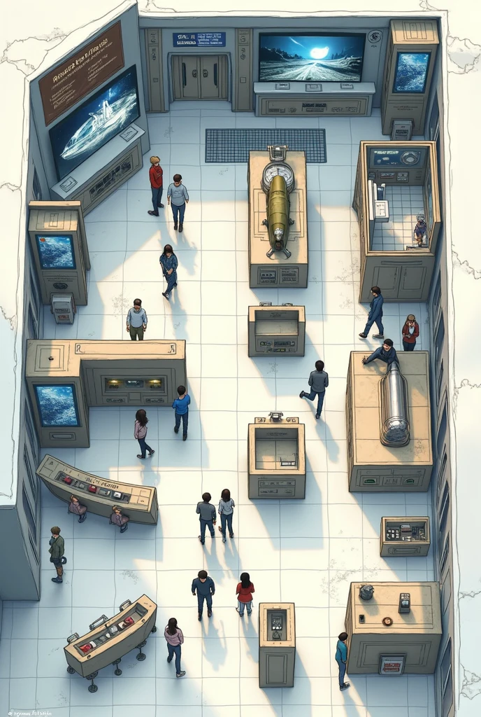 make a map of a museum, floor plan to the lower left corner will be the entrance, at the top left a room where the visitor has the possibility to interact with touch screen monitors, in the center two bathrooms, one female and one male, in the upper left corner will be another room with spaceship exhibits, in the lower right corner is the administrative control room,