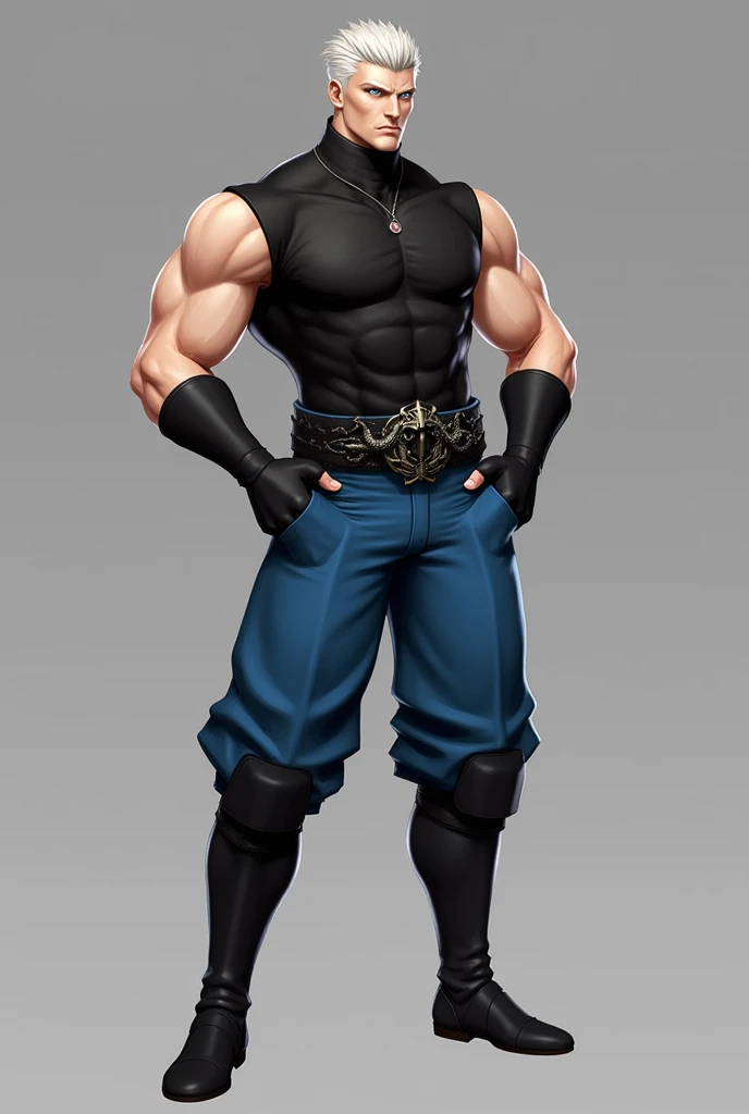 A strong, muscular, full-body man of average height wearing a black sleeveless shirt with a collar up to his neck and wearing blue pants with a black belt with a dragon buckle wearing knee-high boots and wearing black gloves up to his forearm without covering his fingers and his hair is white and short and with strong blue eyes