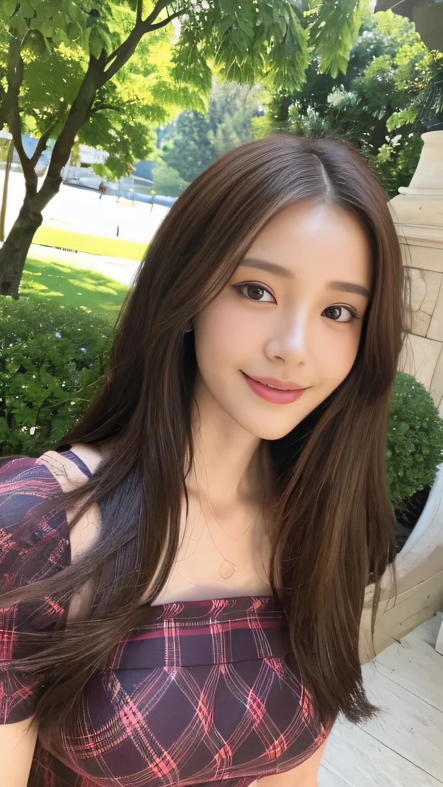 seed:2020674263.((close-up:1.2)).((Full body angle:)).((Highest quality, 8k, masterpiece:1.3)), ((from below:1.1)).concentrated:1.2, Perfect body beauty:1.4, Hips:1.2, ((Delicate Hair)), (Colorful waist cinematographed dress :1.1) , ((Highest quality、8k、masterpiece:1.3))、１A soft smile、Esbian all over body、Slim face、Big Boobs、Beautiful woman、(Dark Brown Hair)、Long Hair、1.1、Flickering Valley、Detailed eyes、double eyelid、Blurred Background、超Slim face、Smile、Looking down、stroll、