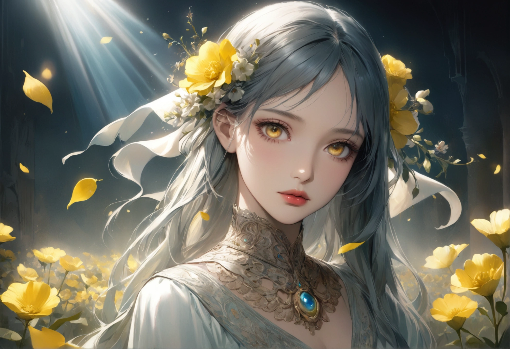 Rape flower landscape, bright canvas, The petals are fluttering, Transparent holographic reflection, A surreal landscape made of flower petals, Leaves viewers speechless, A beautiful world, 1 Uzbek woman, detailed eyes, Yellow eyes, detailed lips, very detailed face, long eyelashes, Beautiful and detailed portraits, elegant, tranquil expression, spring, high quality, 8k, realistic, surrealist, studio lighting, Physically Based Rendering, vivid colors, movie lights, dramatic lighting, soft lighting, dramatic contrast, clear, ethereal, dreamlike, mysterious, magical, fancy, concept art