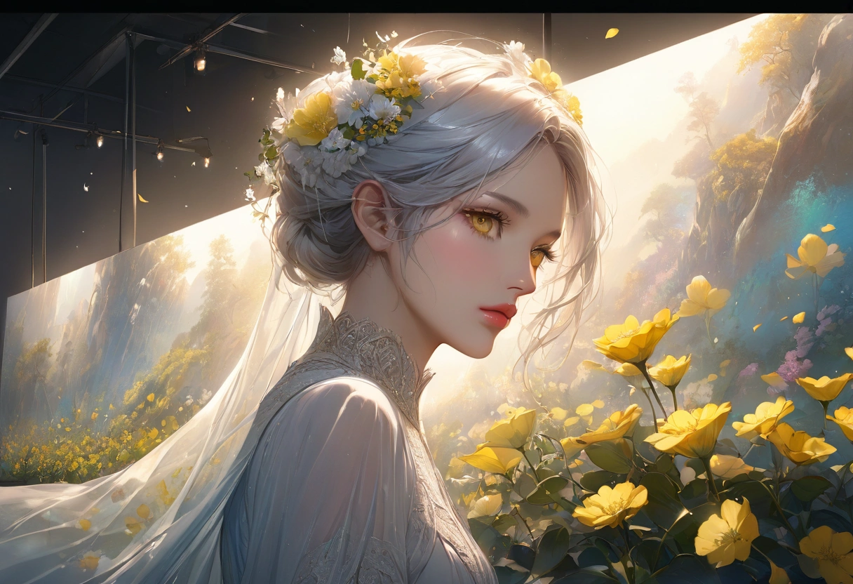 Rape flower landscape, bright canvas, The petals are fluttering, Transparent holographic reflection, A surreal landscape made of flower petals, Leaves viewers speechless, A beautiful world, 1 Uzbek woman, detailed eyes, Yellow eyes, detailed lips, very detailed face, long eyelashes, Beautiful and detailed portraits, elegant, tranquil expression, spring, high quality, 8k, realistic, surrealist, studio lighting, Physically Based Rendering, vivid colors, movie lights, dramatic lighting, soft lighting, dramatic contrast, clear, ethereal, dreamlike, mysterious, magical, fancy, concept art