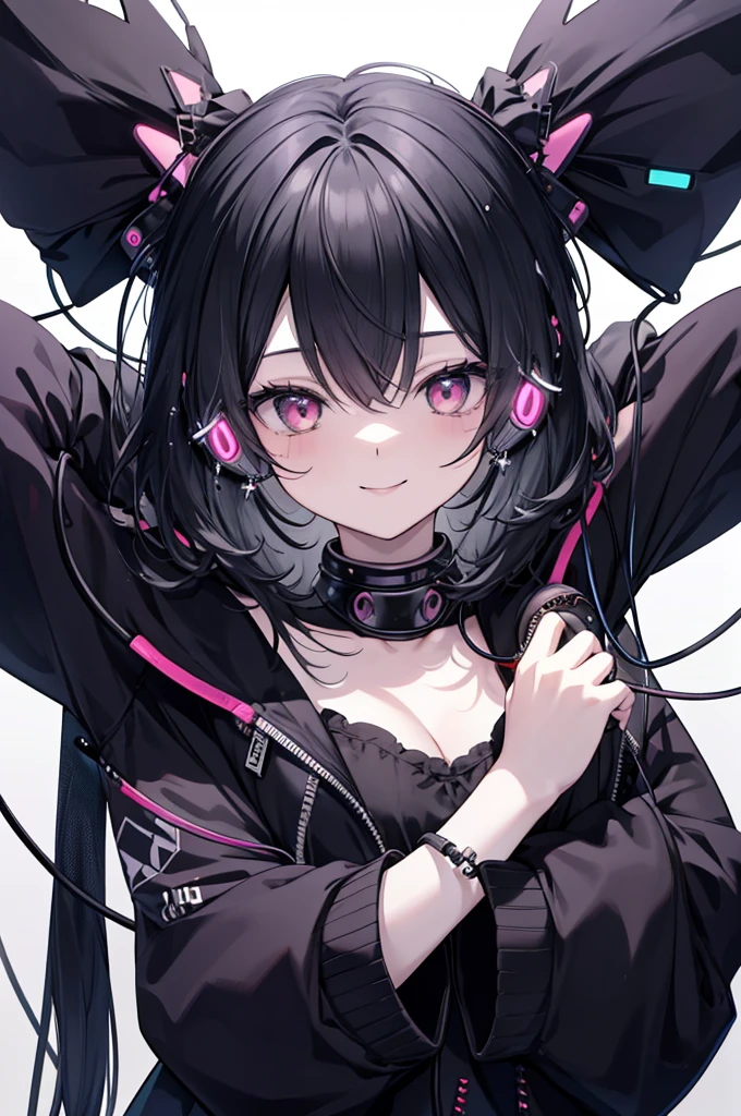gothic manga girl listening to (earphones:1.6) with cables in ears, cute pose, smiling, waifu, black hair, full body shot, solide white background, IEM internal ear-monitor advertisement