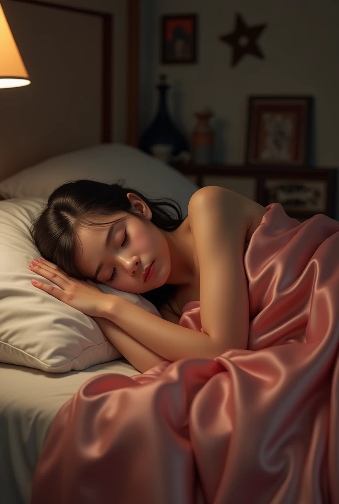 A teenager sleeping with a silk blanket 