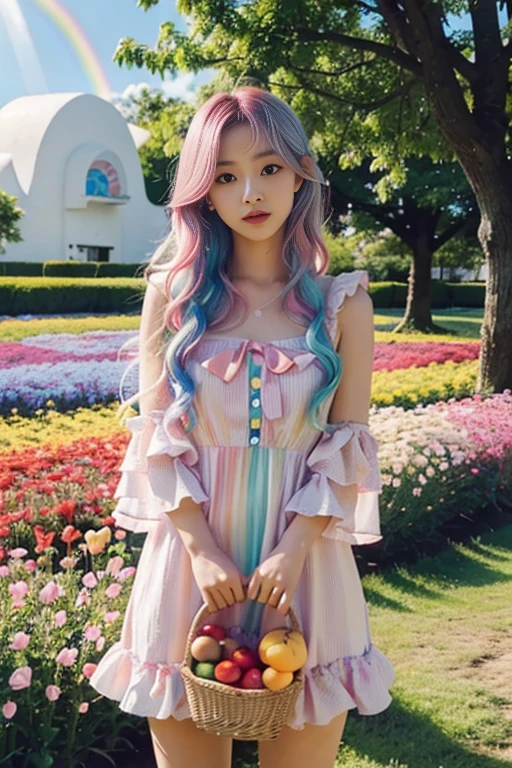 Highest quality,High resolution,A Japanese girl standing in a flower field holding a basket of fruit and flowers, Two-tone hair, long hair with pastel colours, aurora Colored Hair, Colorful pastels,  Hair Color, multiColored Hair, Colorful long hair, Two-tone hair dye, Colorful Hair, Gradient Hair, pastel colour, Colored Hair, Bright rainbow hair colors,One-piece dress with frills,The background is a big pumpkin and a rainbow shining in the sky:1.5,