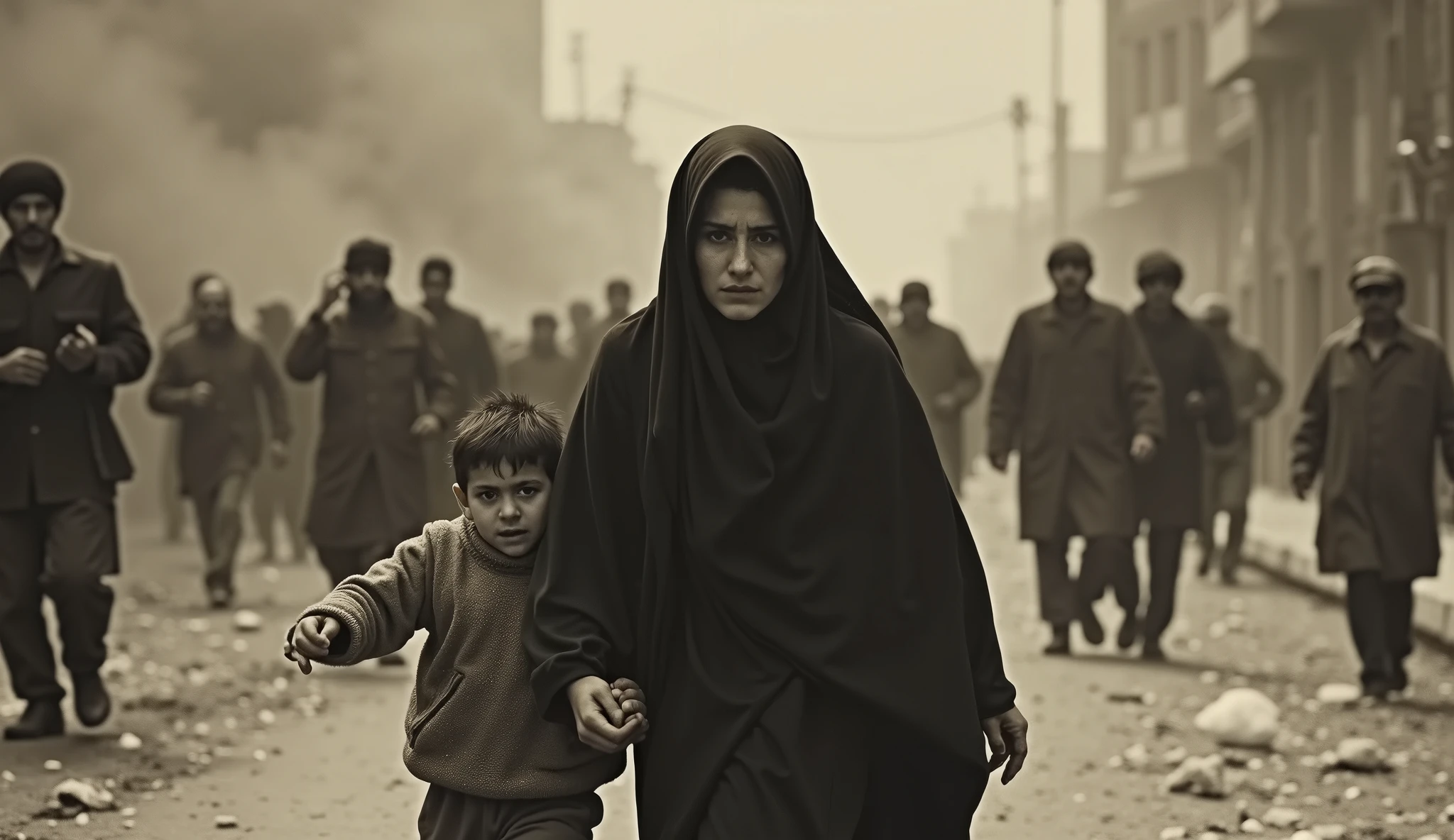 A poignant, old photograph of an Iranian mother and her child fleeing a riot in the streets of Tehran. The mother, wearing a traditional black chador, pulls her young son along as they run, their faces filled with fear. The background is chaotic, with smoke, flames, and distant silhouettes of other Iranian protestors. The image’s grainy texture and slight blur add to the urgency and reality of the moment, reminiscent of the era’s photography.