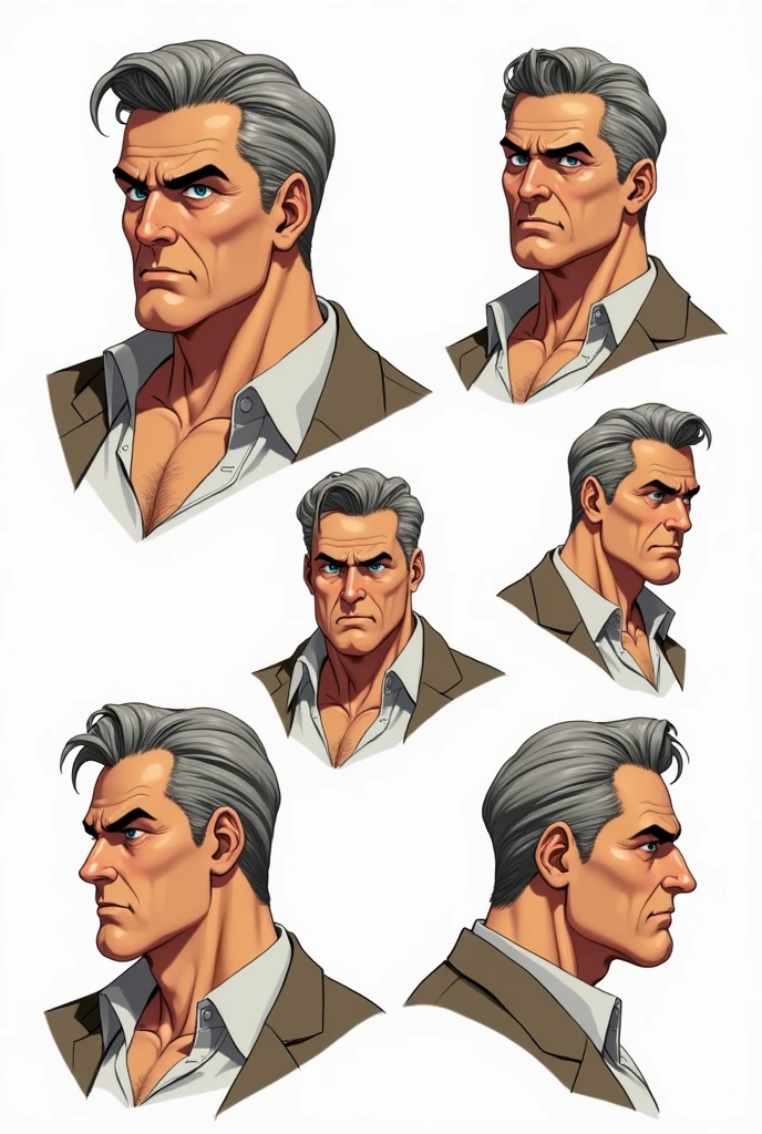 Character of a tired adult man named John Smith. He has fair skin with a few freckles, short gray hair slicked back with hints of brown, and intense blue eyes with a watchful expression. His build is stocky and muscular. The style should mix 1980s comic book art with 1980s anime, Different angles, character sheet, white background --3:2 aspect ratio, different poses