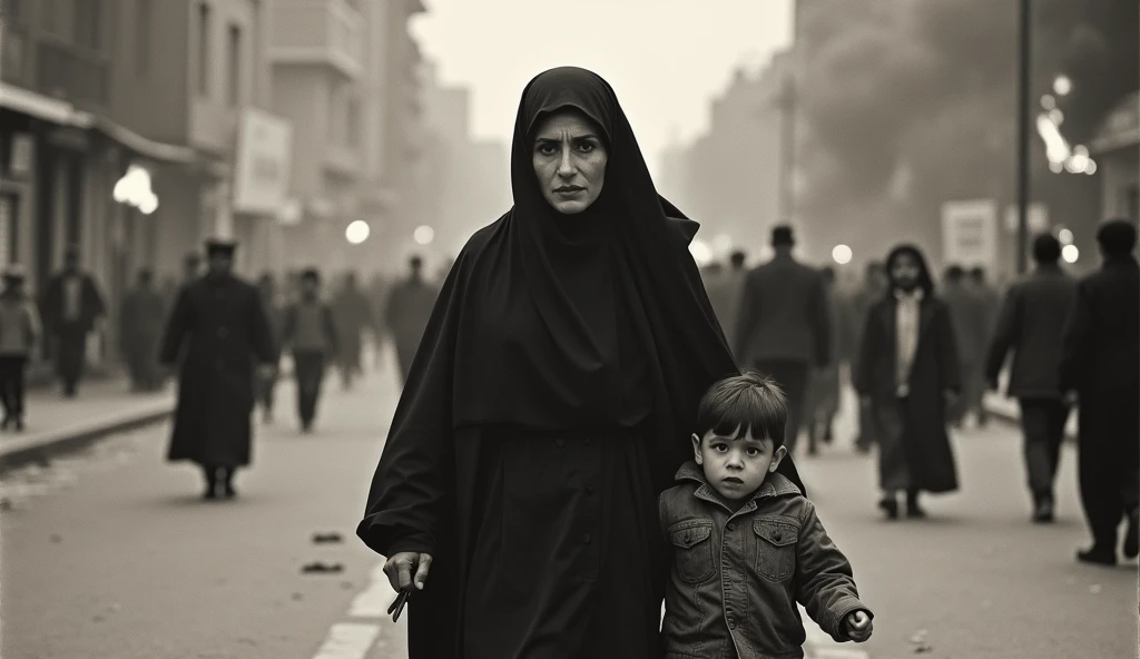  A poignant, old photograph of an Iranian mother and her  fleeing a riot in the streets of Tehran. The mother, wearing a traditional black chador, pulls her young son along as they run, their faces filled with fear. The background is chaotic, with smoke, flames, and distant silhouettes of other Iranian protestors. The image’s grainy texture and slight blur add to the urgency and reality of the moment, reminiscent of the era’s photography.