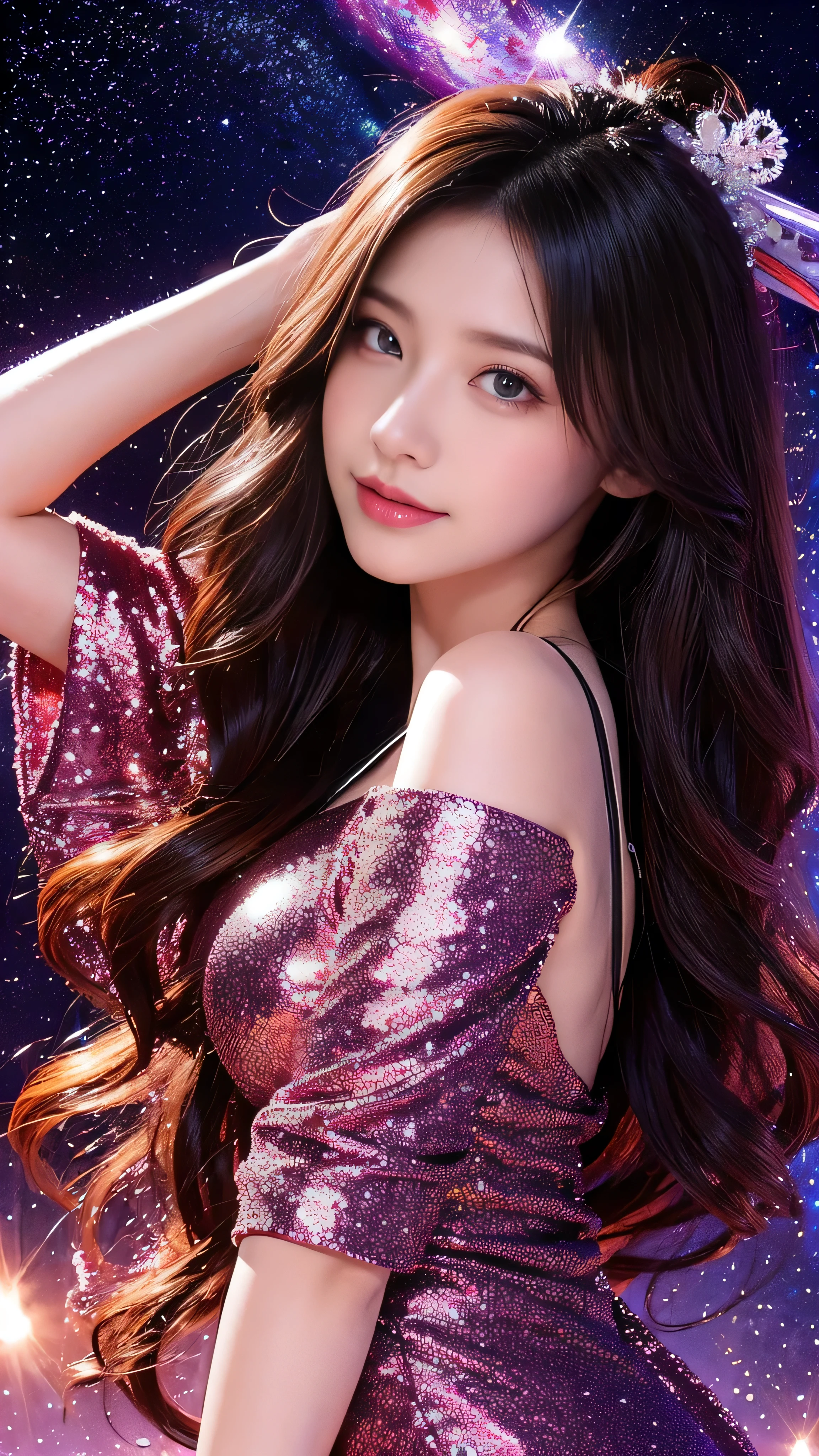 with high definition images,Masterpiece、Best Quality、high_quality、high_resolution、space、Colorful galaxy、1girl、solo、Chestnut Hair、Prism Hair、[pink|green]Eyes、Facial details、マルチカラーEyes、Full body high quality images、Glitter、Girl in navy blue dress、Wind Rift、full_body、