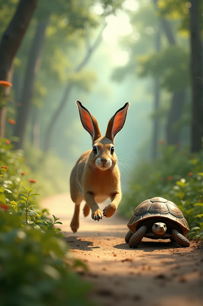 Hare following a tortoise animal