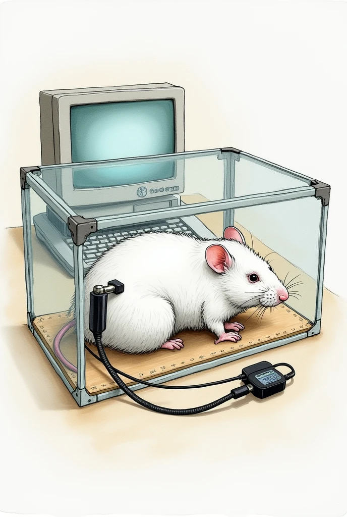 hand drawn drawing of a white mouse lying in a transparent box having its pressure measured by telemetry with transducer wires attached to its tail with black velcro in a laboratory, showing the computer