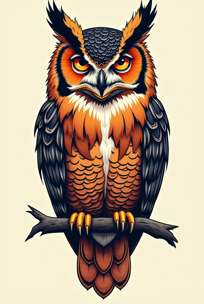 Old school owl tattoo design, neotradicional, bold line, fine line, detailded, new school , fullcolor, tattoo design, simple scales, most realistic, different perspective