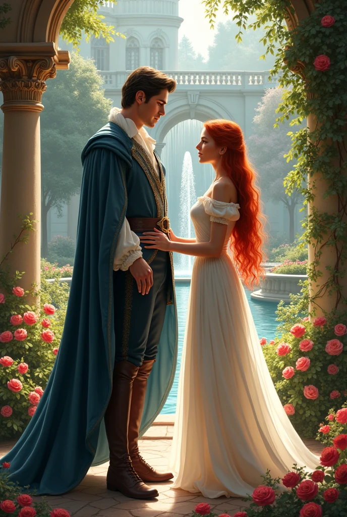 a handsome prince looking at the red-haired commoner in a white dress in a castle with a background of a beautiful garden of flowers and fountains