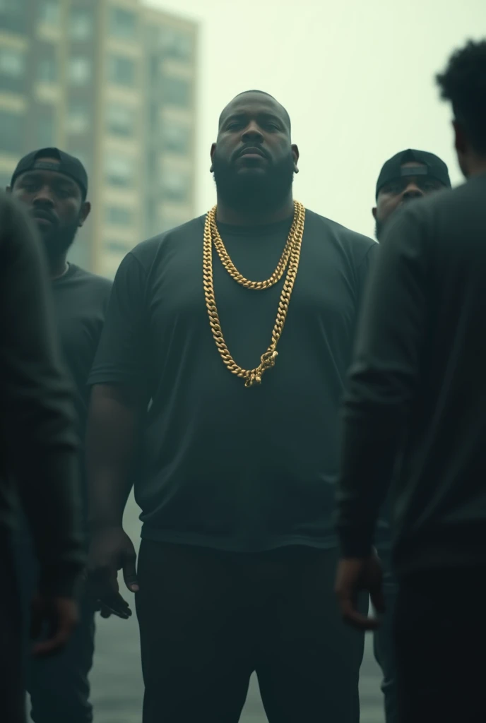 Create the silhouette of a fat man with gold chains around his neck ( just a blurry silhouette like the other people , without a defined face) , surrounded by 5 people, and in the background the facade of an apartment