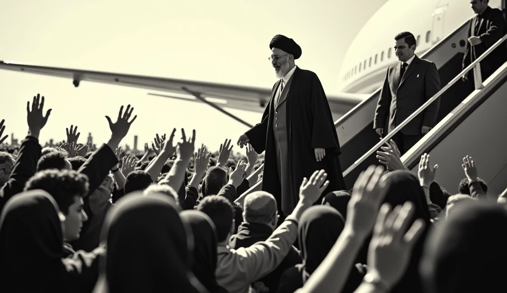 A historic photograph of Ayatollah Khomeini’s return to Iran in 1979. The scene captures him stepping off the plane, surrounded by jubilant Iranian people. The women in the crowd wear hijabs, and everyone is eagerly reaching out to greet him. The bright daylight contrasts with the grainy, slightly faded quality of the old camera image, capturing the significance of the moment in Iranian history.