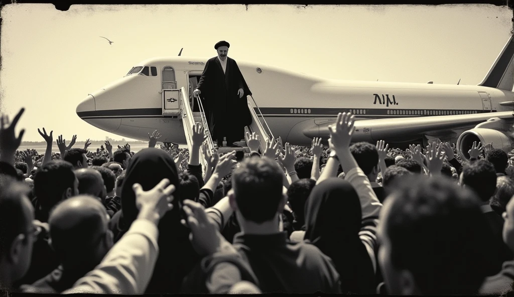 A historic photograph of Ayatollah Khomeini’s return to Iran in 1979. The scene captures him stepping off the plane, surrounded by jubilant Iranian people. The women in the crowd wear hijabs, and everyone is eagerly reaching out to greet him. The bright daylight contrasts with the grainy, slightly faded quality of the old camera image, capturing the significance of the moment in Iranian history.