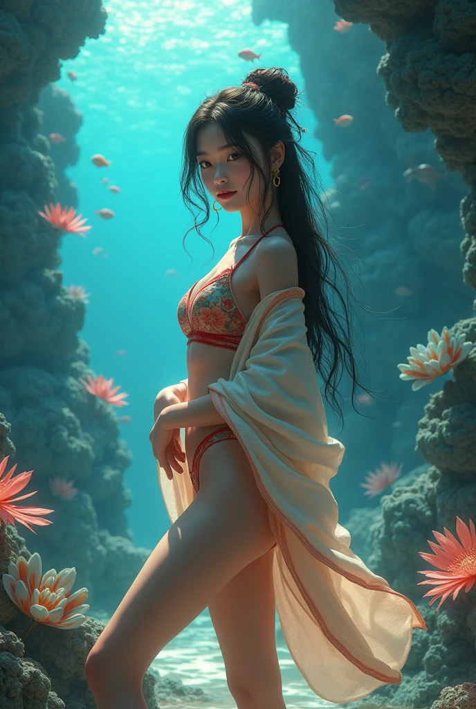 (((Otohime)))、young woman、smile、(Beauty)、Japanese、cute、1、Sexy open kimono and swimsuit、Older sister sitting、Background: Dragon Palace in the sea、((seabed))、(best quality,4K,8k,highres,masterpiece:1.2),ultra-detailed,(realistic,photorealistic,photo-realistic:1.37),HDR,uhd,studio lighting,ultra-fine painting,sharp focus,physically-based rendering,extreme detail description,professional,vivid colors,bokeh,cinematic lighting,dramatic shadow,