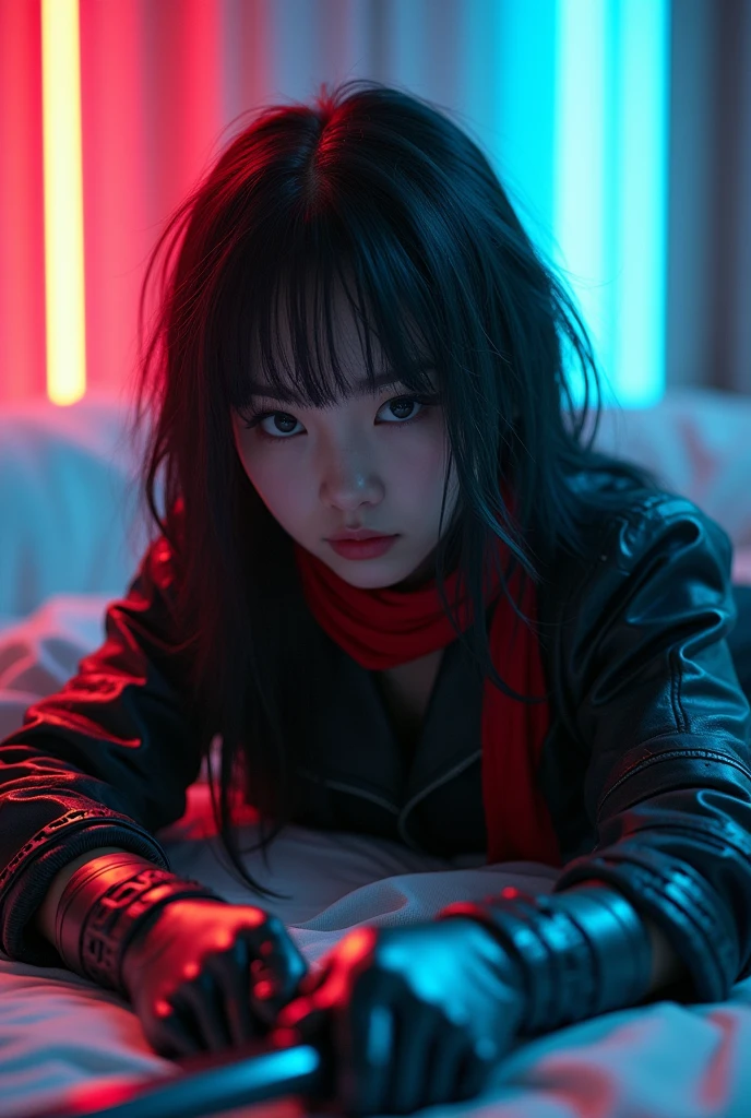 Raw photo, realistic, photorealistic), dynamic angle, beautiful, stunning, epic, highly detailed, 1 girl\(mecha\),(techpunkmask:1.2), slim body, kong-fu, black hair, black eyes, Chinese hairstyle , invisibility,luminous body,cyberpunk,cyborg ninja,cinematic lighting,accent lighting,dramatic_shadow,ray_tracing,intricate clothing and patterns,fighting,(holding laser katana:1.3),hair bangs,red long scarf,very genuine skin, ((lying down)), dynamic dynamic pose, bedroom, ((bed)) neon lights, beautiful light