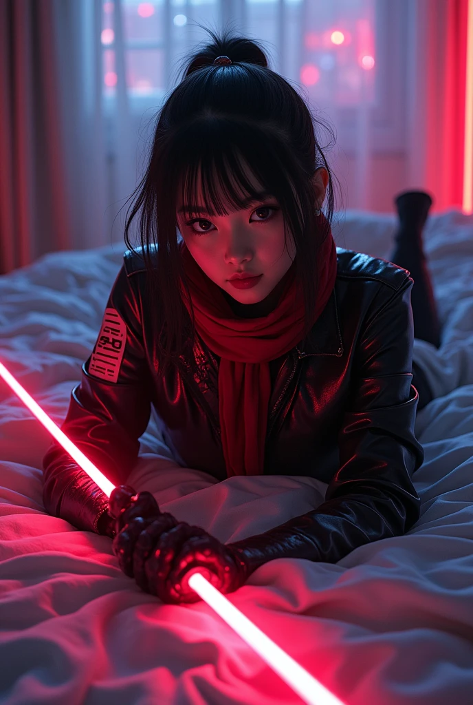 Raw photo, realistic, photorealistic), dynamic angle, beautiful, stunning, epic, highly detailed, 1 girl\(mecha\),(techpunkmask:1.2), slim body, kong-fu, black hair, black eyes, Chinese hairstyle , invisibility,luminous body,cyberpunk,cyborg ninja,cinematic lighting,accent lighting,dramatic_shadow,ray_tracing,intricate clothing and patterns,fighting,(holding laser katana:1.3),hair bangs,red long scarf,very genuine skin, ((lying down)), dynamic dynamic pose, bedroom, ((bed)) neon lights, beautiful light