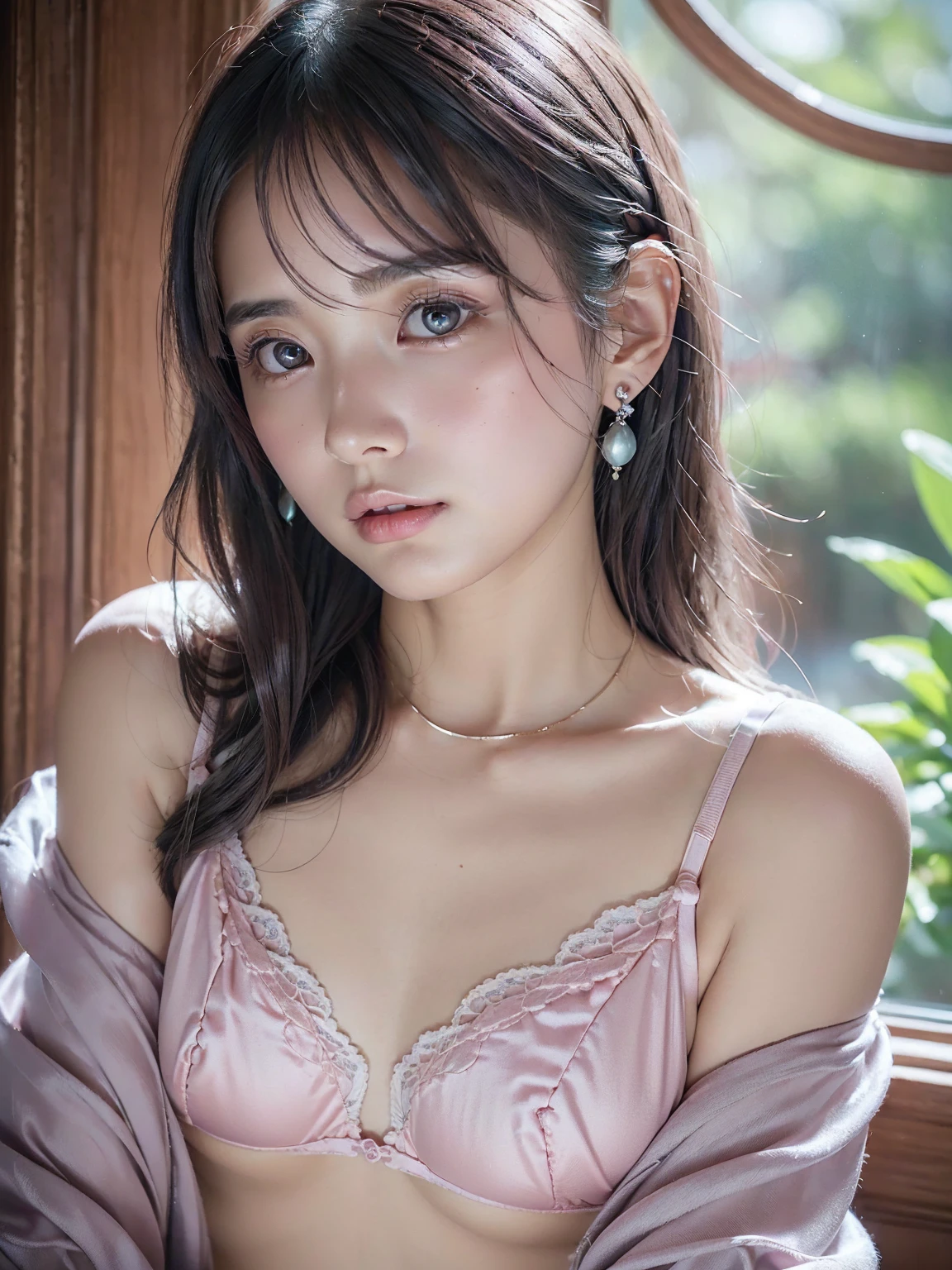(((Pink Bra 1.5,Small breasts))), (((とてもエレガントでbeautiful, Perfect detail, Very detailed))), whole body, The most detailed girl, Written boundary depth, 美しくdetailedなwhole body, Thin legs, 1 person, 30 years old, Very short hair, Spiked Hair, Gray and silver hair, beautiful detailed hair, Perfect Face, Expressionless, beautiful, detailed, Deep Eyes, Please open your mouth a little, Delicate arms and hands, Pale skin, Earrings, beautiful and gorgeous necklace, Colorful background, HD background, Blurred Background, とても繊細でbeautiful, masterpiece, (((Highest quality, とてもbeautiful8K CG壁紙))), (((Medium Hair))),( A stylishly decorated room,window)、Glowing Skin、Shiny Hair、Transparent photos、