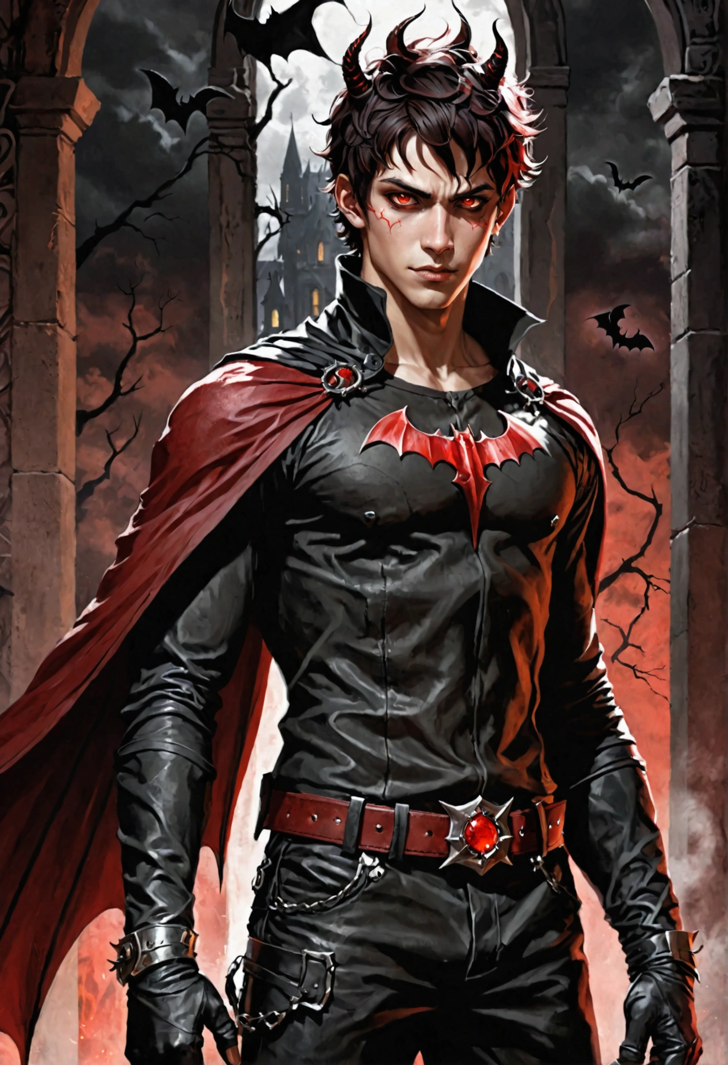 Create an image of a young male character with demonic characteristics. Ele tem pele clara, red eyes and short messy hair, dark brown in color. The character wears a set of black and red clothes, with a black cover that has a red interior. He also wears a belt with metallic details and black fingerless gloves.. No visual, include small bat wings and backward-curving horns on the head. He has a defined physique, with emphasis on the abdominal muscles. The character should have a confident expression and a slight smile on their face..