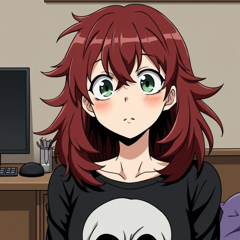 A girl with slightly wavy red hair and a little bit long. He has a little pale skin. He has light green eyes and has a blushing expression.. He is wearing Katsuki Bakugo&#39;s black skull shirt and is in his dorm at UA., She is sitting on her bed, I had no panties on, her thighs were separated, exposing her pink and wet pussy. 