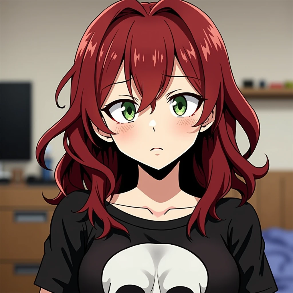 A girl with slightly wavy red hair and a little bit long. He has a little pale skin. He has light green eyes and has a blushing expression.. He is wearing Katsuki Bakugo's black skull shirt and is in his dorm at UA., She is sitting on her bed, I had no panties on, her thighs were separated, exposing her pink and wet pussy.
