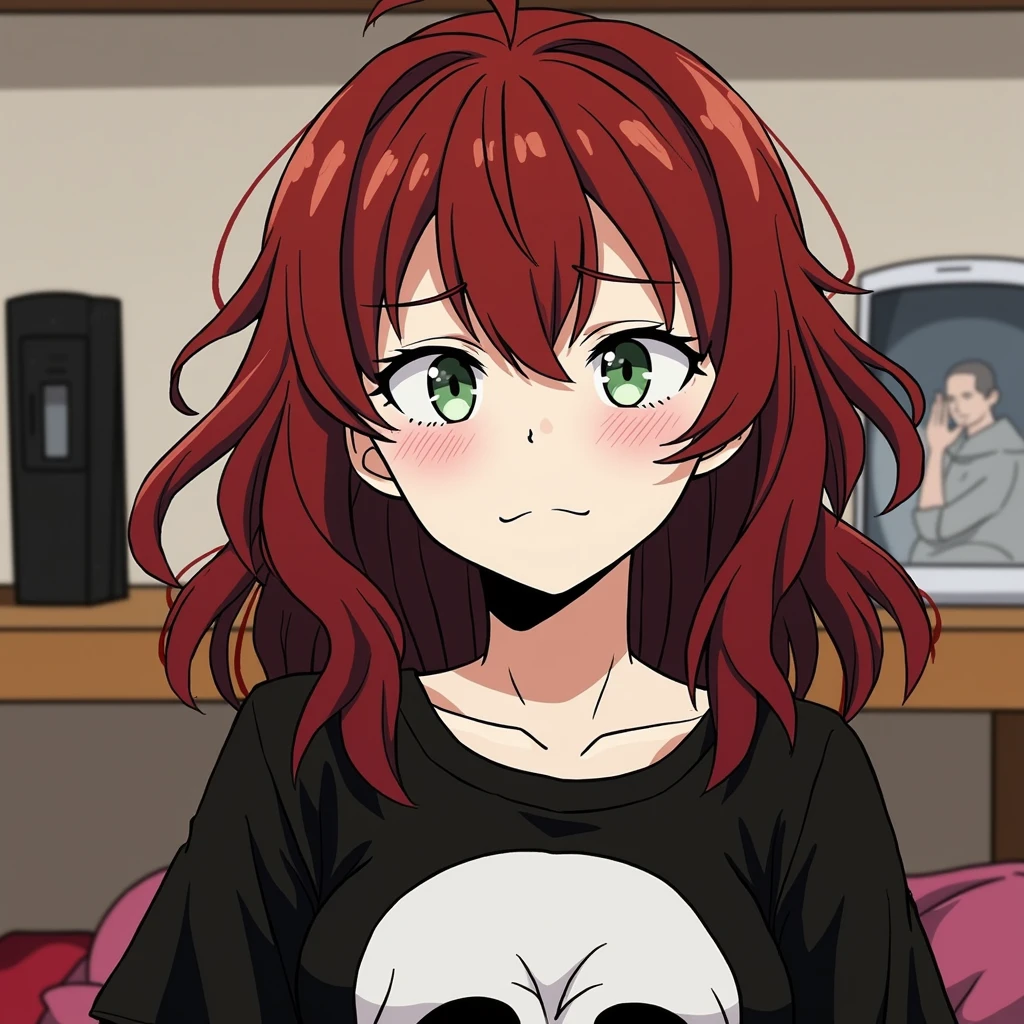 A girl with slightly wavy red hair and a little bit long. He has a little pale skin. He has light green eyes and has a blushing expression.. He is wearing Katsuki Bakugo&#39;s black skull shirt and is in his dorm at UA., She is sitting on her bed, I had no panties on, her thighs were separated, exposing her pink and wet pussy. 