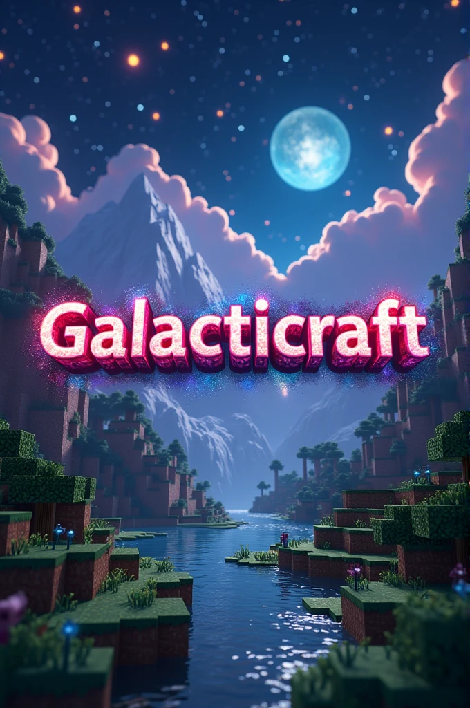 Make me an animated image about Minecraft that contains writing As a title Galacticraft
