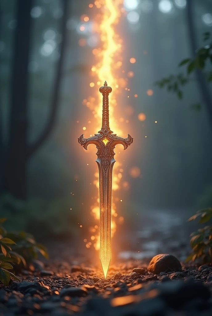 one magical sword in front of a light coming from the back with a nature obscure background