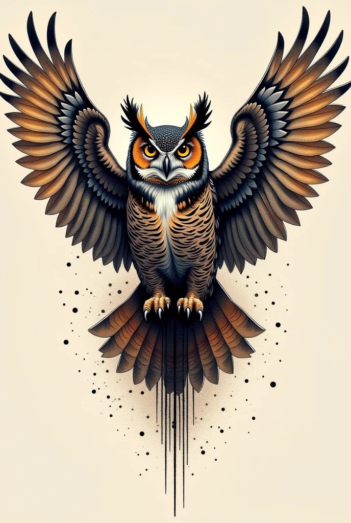 Old school owl tattoo design, with open wings, neotradicional, bold line, fine line, detailded, new school , fullcolor, tattoo design, simple scales, most realistic, different perspective