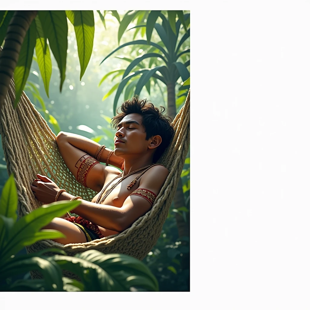 Indian from the Guaraní tribe sleeping in his hammock SURROUNDED BY NATIVE PLANTS WITH LARGE LEAVES FROM THE MISSIONARY JUNGLE