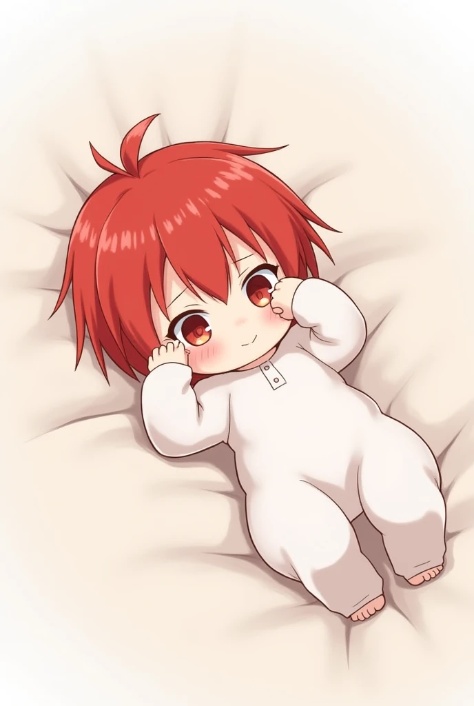 Red hair, shaggy, red eyes, anime, baby, rubbing eyes sleepily, lying on his back, simple white outfit,  