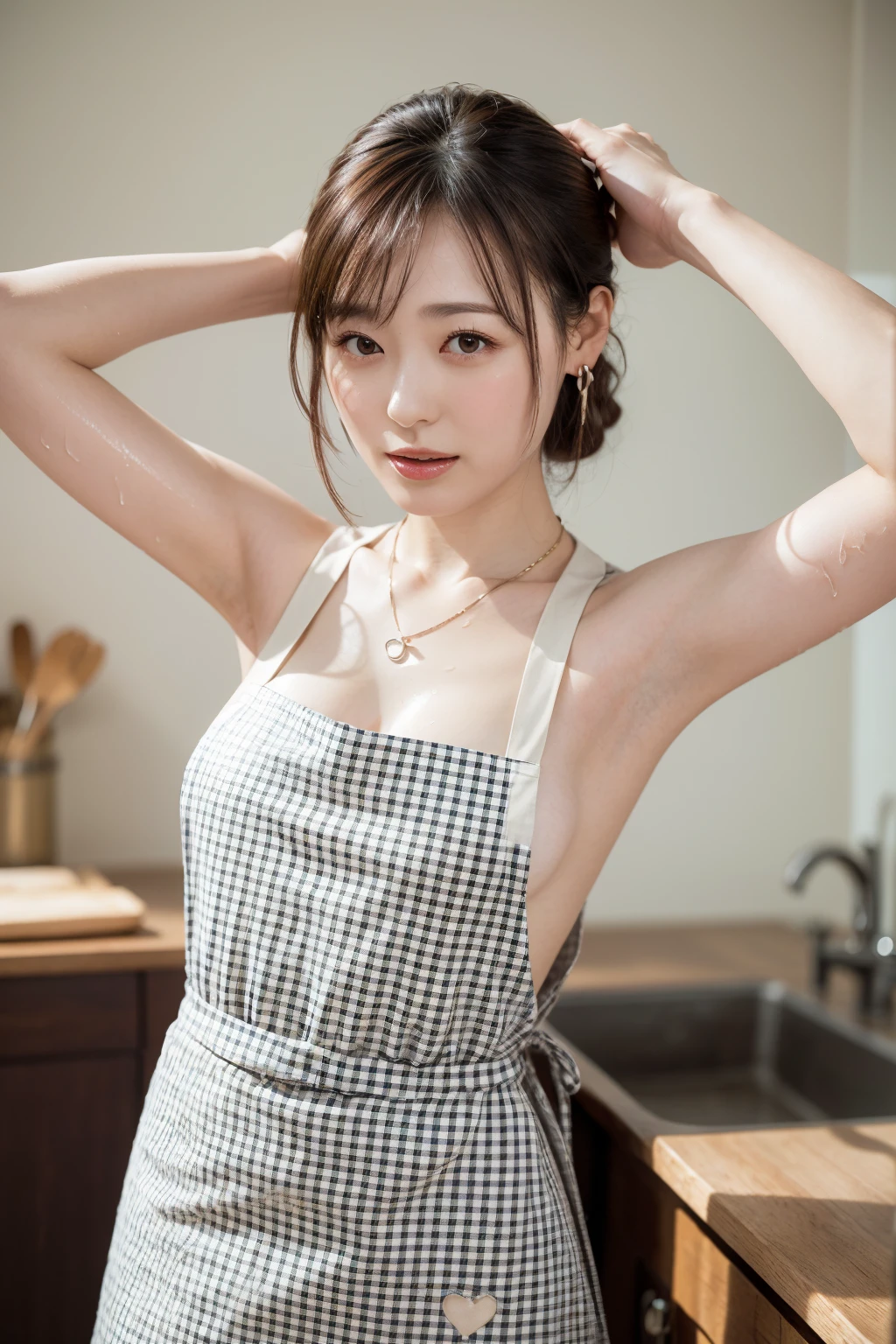 (32K:1.9, Highest quality, masterpiece, Ultra-high resolution, Professional random angle camera work:1.5, Highly detailed skin and face textures:1.4), Always accurate, Very detailed, ((2 Japanese wife, Busty on the verge of collapse, Cooking in the kitchen:1.6, The morning light illuminates the hut, Wearing only a gingham apron, naked.:1.7, Incredibly slim body:1.5, areola is not visible)), Small face, Fair skin, elegant, sense of cleanliness, Vegetable cutting pose, (Big eyes that exude beautiful eroticism:0.4, A shy smile:1.0, I love you with all my heart:0.8, Please open your mouth a little, lipstick, Feel the beautiful eroticism:0.9), (Wet dark brown messy hair), Earrings, necklace, bracelet, (romantic, artistic, mysterious), Object of admiration, original, dramatic, Innovative, charm, Heartful, Fancy, sense of openness, special, exciting, Extreme, Tilt, sense of loss, sorrow, Expression of sorrow, (((The charm of youth, Feminine charm)))、(Raise your arms)、Hurrah!、bangs、(Armpits are visible),(Sideboob),(topless)