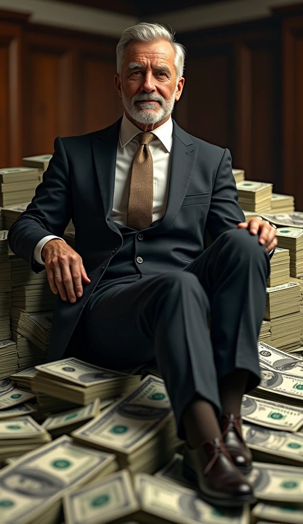 well-dressed multimillionaire man in luxury clothes sitting on a bunch of dollar bills