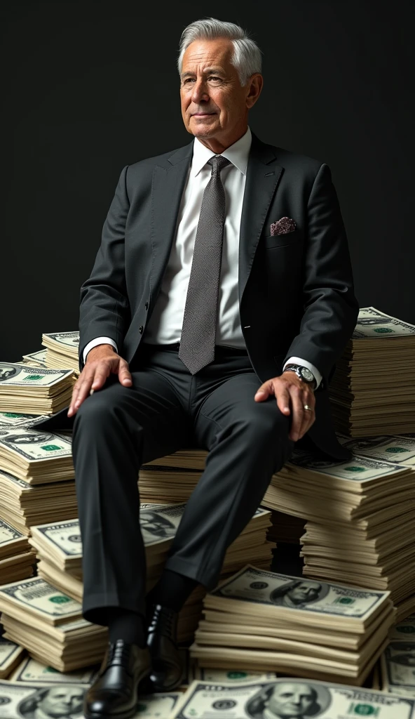 well-dressed multimillionaire man in luxury clothes sitting on a bunch of dollar bills