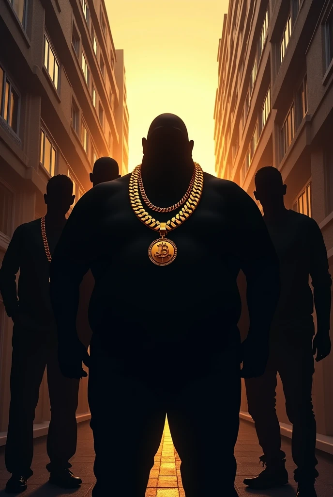 Create the silhouette of a fat man with gold chains around his neck , surrounded by 5 people, and in the background the facade of an apartment