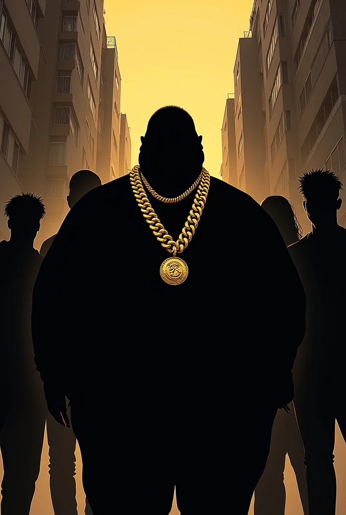 Create the silhouette of a fat man with gold chains around his neck , surrounded by 5 people, and in the background the facade of an apartment