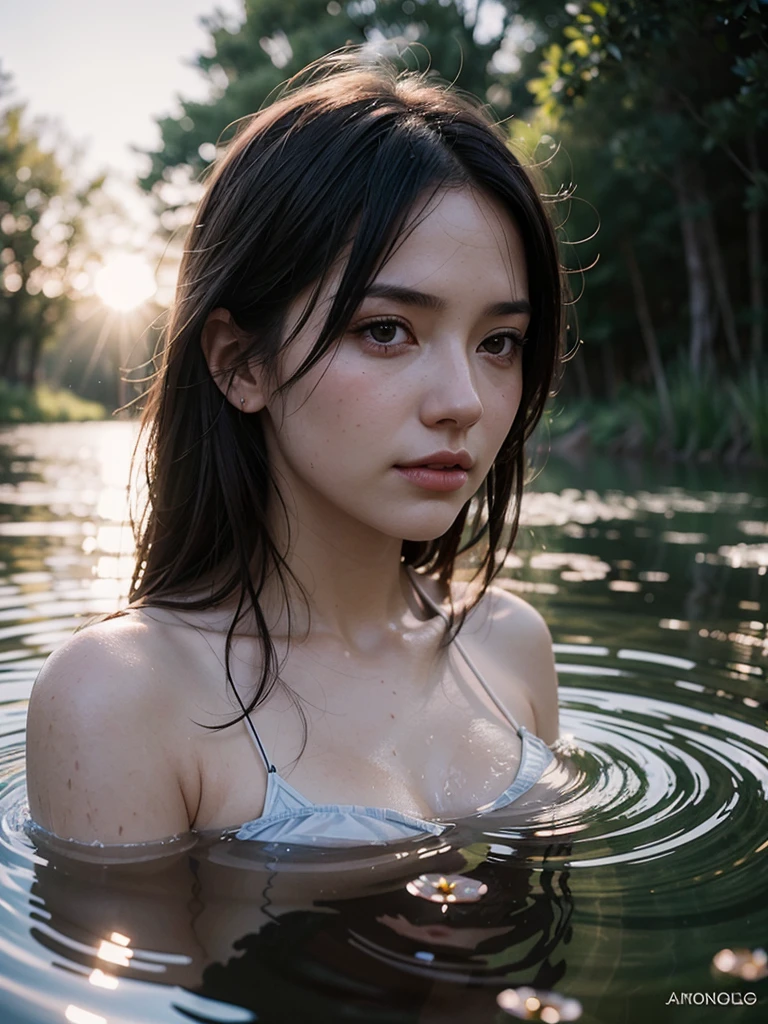 close up portrait of a cute woman (gldot) bathing in a river, reeds, (backlighting), realistic, masterpiece, highest quality, lens flare, shade, bloom, [[chromatic aberration]], by Jeremy Lipking, by Antonio J. Manzanedo, digital painting,