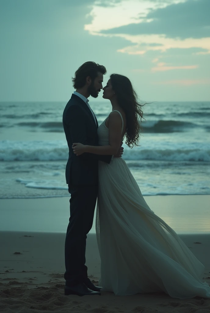 Couple looking at each other passionately on a lonely beach in Titanic style
