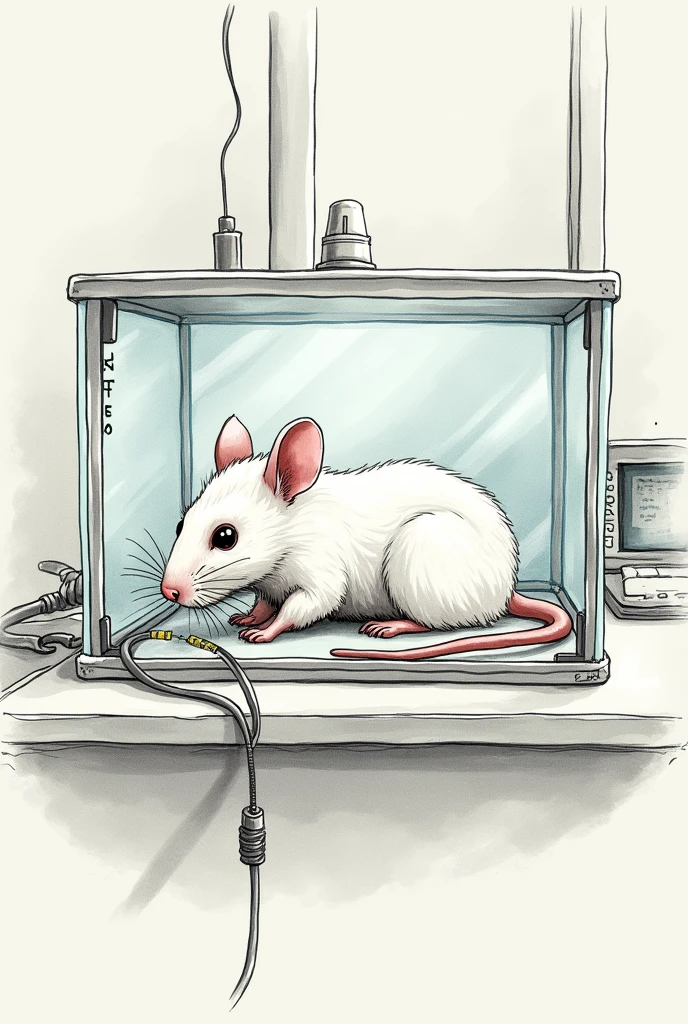 hand drawn drawing of a white mouse lying in a transparent box having its pressure measured by telemetry with transducer wires attached to its tail with black velcro in a laboratory, showing the computer