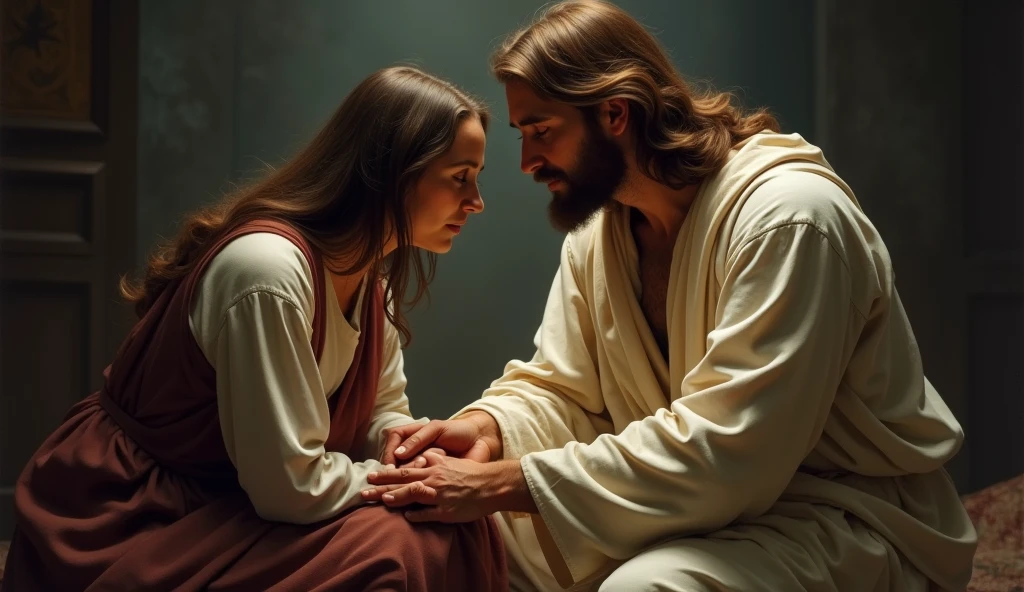 Jesus Christ comforting a mother who lost a child, a woman crying, an illuminated presence comforting.