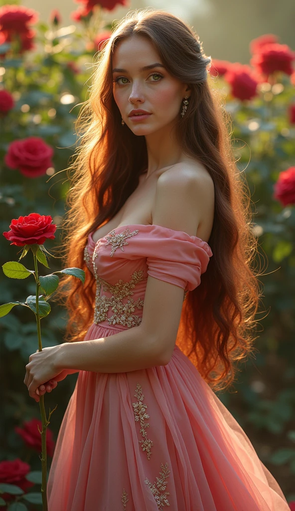 The Queen of Roses stands before you, regal and graceful in her bearing. Her beauty is breathtaking, with long, flowing hair the color of rich mahogany cascading down her back in loose waves. Her skin is soft and flawless, with a radiant glow that seems to come from within. Her eyes are a deep shade of green, sparkling with intelligence and depth. She wears a gown of the finest silk, embroidered with delicate rose petals that seem to dance across the fabric in a hypnotic pattern. The dress hugs her curves in all the right places, accentuating her natural grace and femininity. In her hand, she holds a single red rose, its petals as soft as velvet and its fragrance filling the air with a heady sweetness. The atmosphere around her is one of beauty and tranquility, with soft light filtering through the rose garden in which she stands. The lighting effect is soft and warm, casting a gentle glow over the Queen's features and bringing out the subtle nuances of her beauty. As you gaze upon her, you feel a sense of awe and reverence, as if you are in the presence of true royalty 