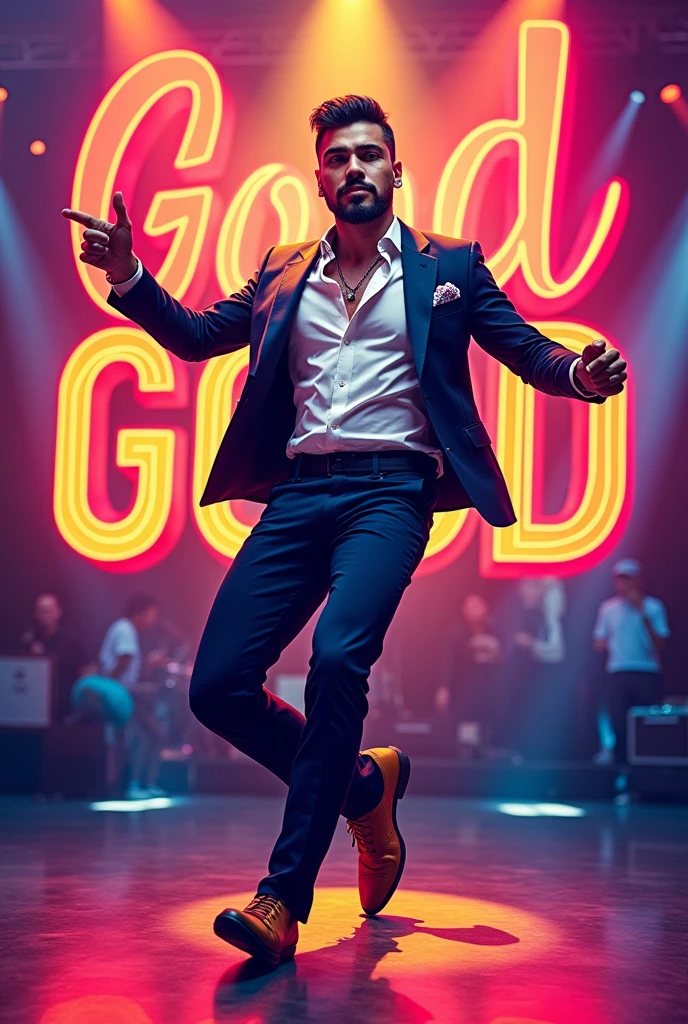 Banner good de cantor masculino latino dançando escrito ((good))