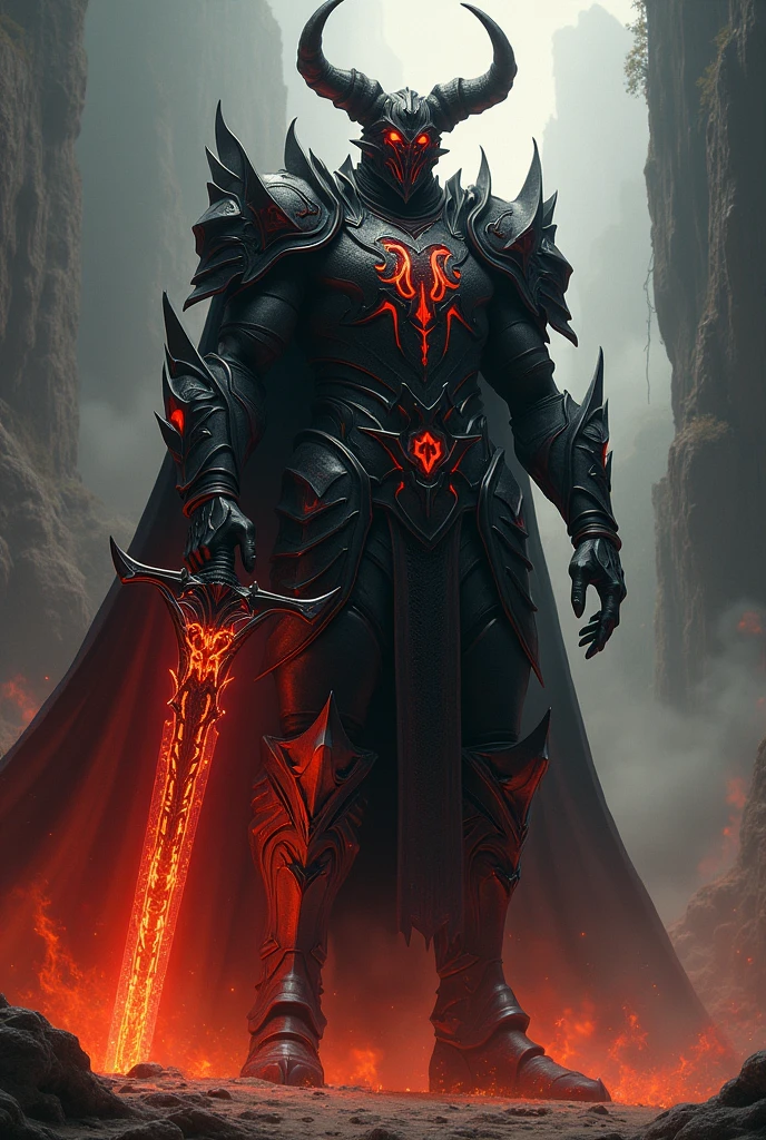 **Amon**: An imposing figure in sleek, dark armor, adorned with infernal symbols. He carries a large sword with a dark glow.. His eyes have an intense glow and his presence exudes authority and power..
