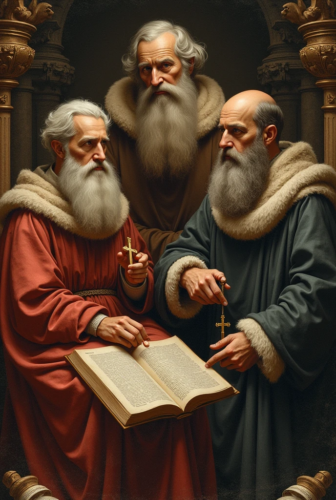 A visual composition showing representations of Plato, Aristotle, saint augustine, and Thomas Aquinas, with elements that symbolize philosophy and theology, como livros, pergaminhos, and religious symbols