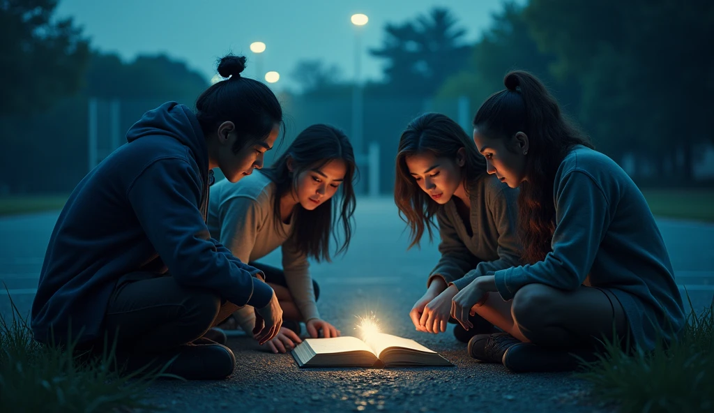 1 male young adult with hair down, 1 male young adult with hair up, 1 short hair female young adult, 1 long hair female young adult standing in front of a book on the floor. the book is glowing. in the middle of the night at the path with basketball court in the background