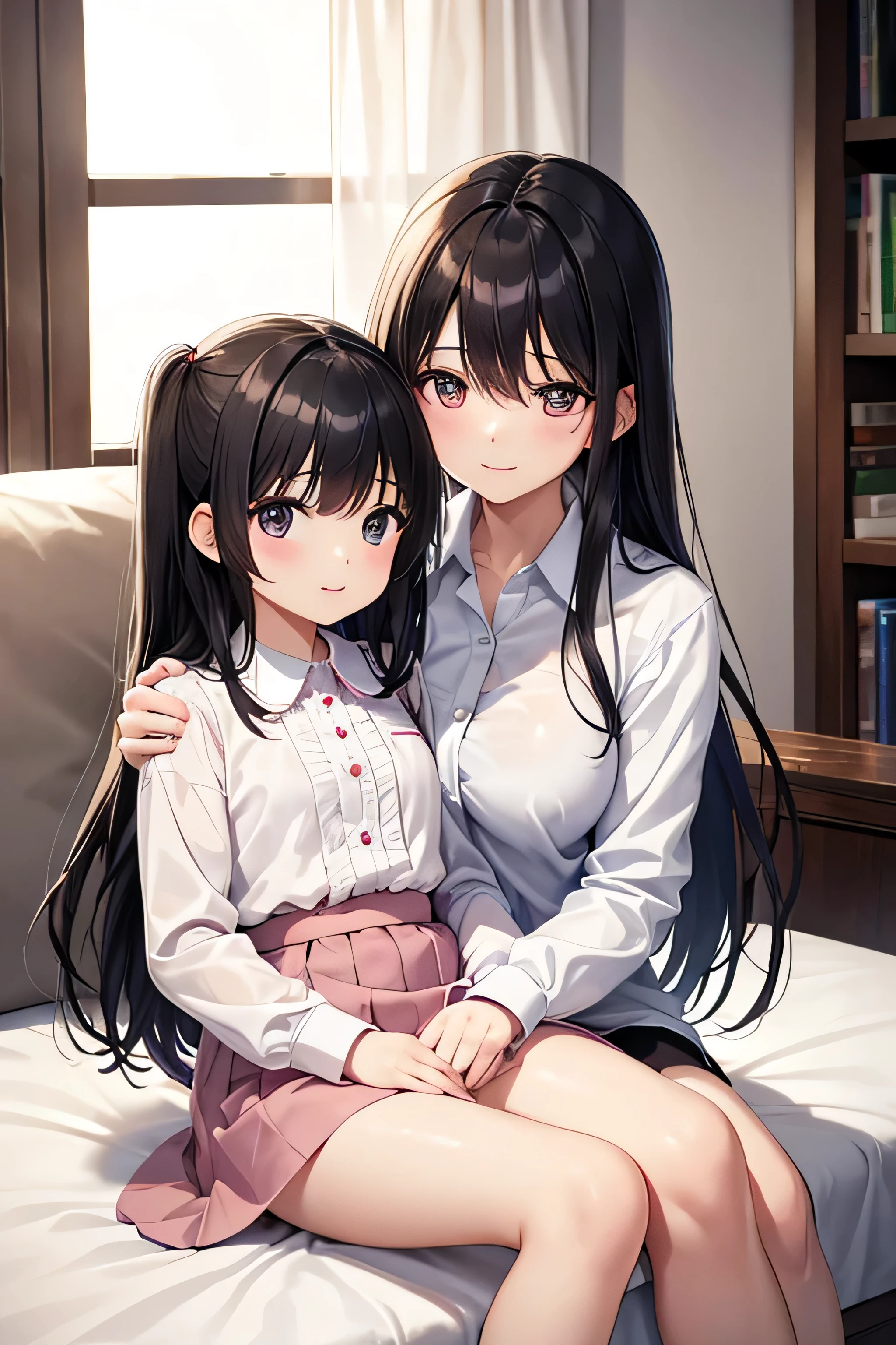 High resolution, Long Hair, accurate, masterpiece, Highest quality, (
￼Adults and children、Mother and daughter)、2 people、(Young、cute)、Black Hair、clear、Shirt blouse、Collared shirt blouse、白いShirt blouse、Light pink shirt blouse、Blouse with ruffles、Long sleeve、Positive、Small breasts、Sitting side by side、Young、Low heightHigh resolution, 